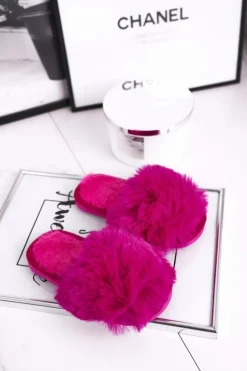 Outlet Boto Dziecięce Papcie Klapki z Futerkiem Fuksja Snow Ball