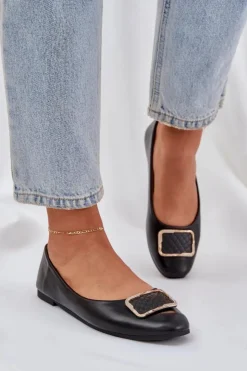 Damskie Boto Eko Skórzane Baleriny Z Ozdobą Czarne Tulnelia