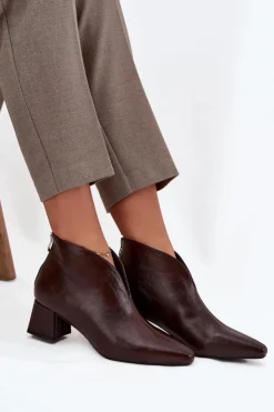 Outlet Boto Eko Skórzane Botki Damskie Na Obcasie Czekoladowe Rylina