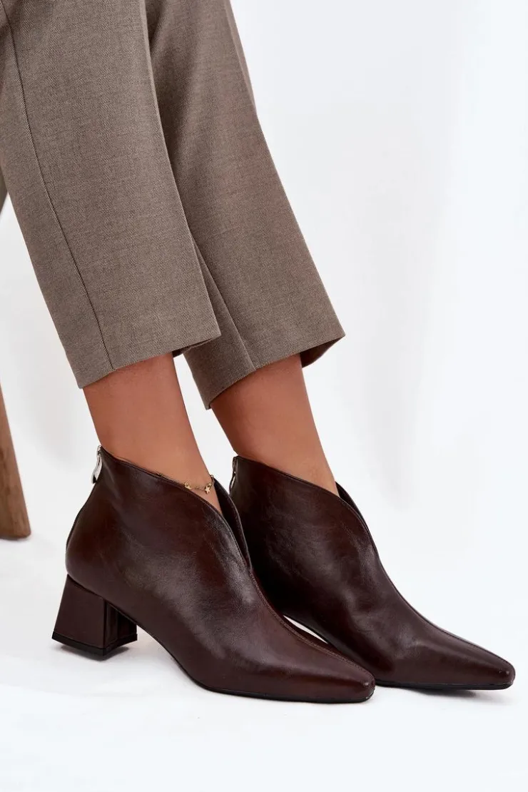 Outlet Boto Eko Skórzane Botki Damskie Na Obcasie Czekoladowe Rylina