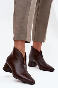 Outlet Boto Eko Skórzane Botki Damskie Na Obcasie Czekoladowe Rylina