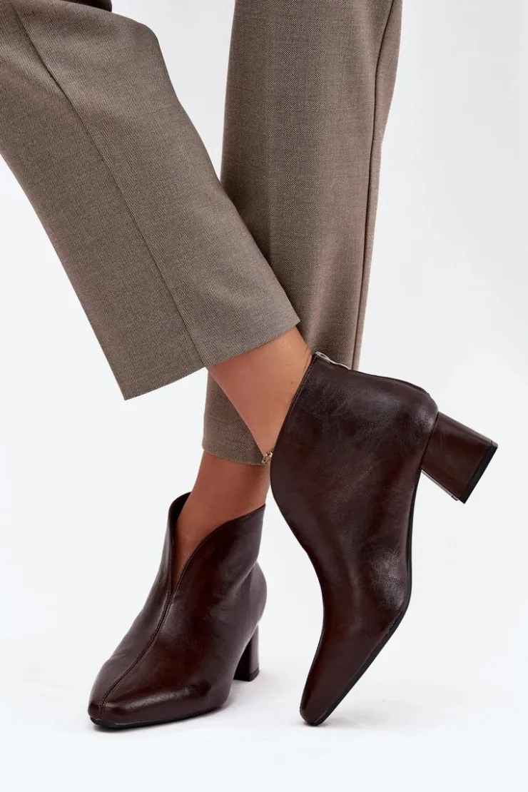 Outlet Boto Eko Skórzane Botki Damskie Na Obcasie Czekoladowe Rylina