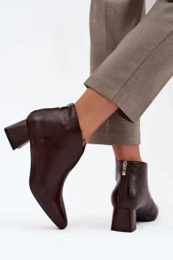 Outlet Boto Eko Skórzane Botki Damskie Na Obcasie Czekoladowe Rylina