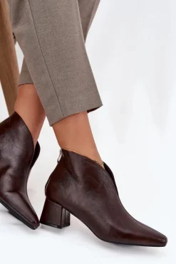 Outlet Boto Eko Skórzane Botki Damskie Na Obcasie Czekoladowe Rylina