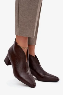 Outlet Boto Eko Skórzane Botki Damskie Na Obcasie Czekoladowe Rylina