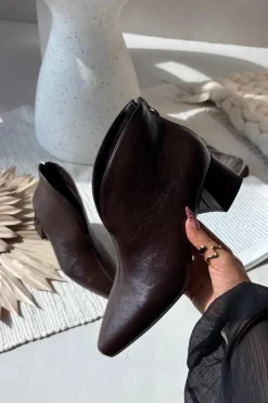 Outlet Boto Eko Skórzane Botki Damskie Na Obcasie Czekoladowe Rylina