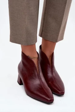 Damskie Boto Eko Skórzane Botki Damskie Na Obcasie Bordowe Rylina