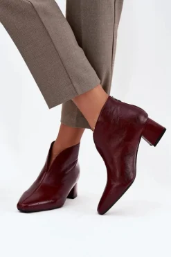 Damskie Boto Eko Skórzane Botki Damskie Na Obcasie Bordowe Rylina