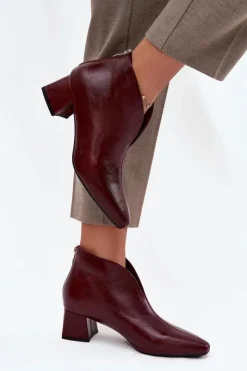 Damskie Boto Eko Skórzane Botki Damskie Na Obcasie Bordowe Rylina