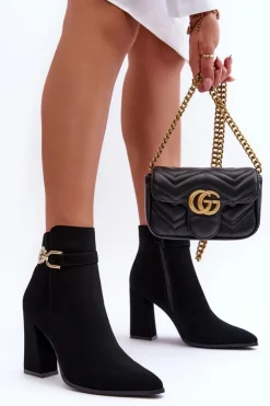 Boto Eko Skórzane Botki Na Słupku Z Ozdobą Czarne Lymall Czarny