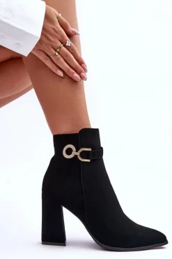 Boto Eko Skórzane Botki Na Słupku Z Ozdobą Czarne Lymall Czarny