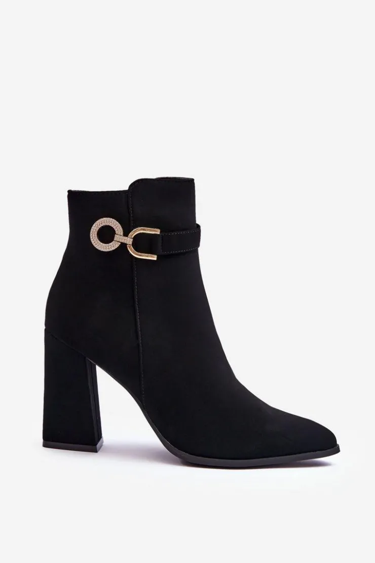 Boto Eko Skórzane Botki Na Słupku Z Ozdobą Czarne Lymall Czarny