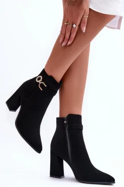 Boto Eko Skórzane Botki Na Słupku Z Ozdobą Czarne Lymall Czarny