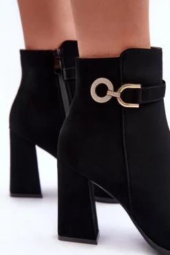 Boto Eko Skórzane Botki Na Słupku Z Ozdobą Czarne Lymall Czarny