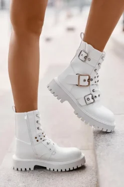 Damskie Boto Eko Skórzane Botki Workery Z Klamrami Białe Serizia