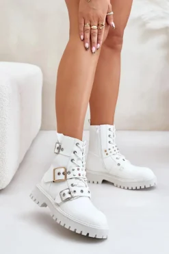 Damskie Boto Eko Skórzane Botki Workery Z Klamrami Białe Serizia