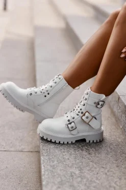 Damskie Boto Eko Skórzane Botki Workery Z Klamrami Białe Serizia