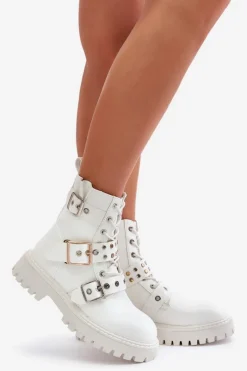 Damskie Boto Eko Skórzane Botki Workery Z Klamrami Białe Serizia