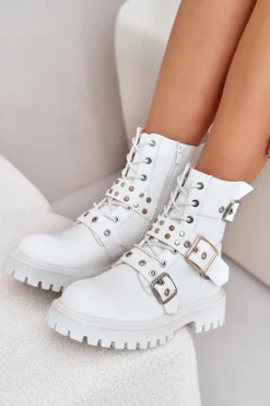 Damskie Boto Eko Skórzane Botki Workery Z Klamrami Białe Serizia