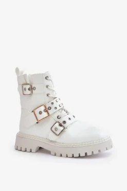 Damskie Boto Eko Skórzane Botki Workery Z Klamrami Białe Serizia