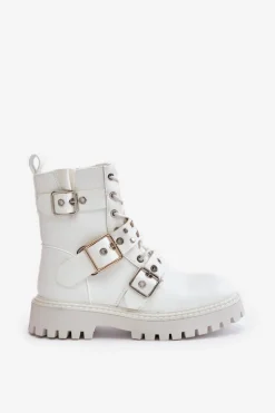 Damskie Boto Eko Skórzane Botki Workery Z Klamrami Białe Serizia