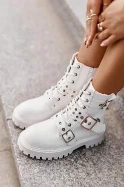 Damskie Boto Eko Skórzane Botki Workery Z Klamrami Białe Serizia