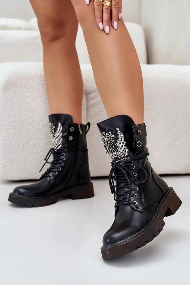 Damskie buty S.Barski Eko Skórzane Botki Workery Ze Zdobieniem Ocieplane D&A MR880-080 Czarne