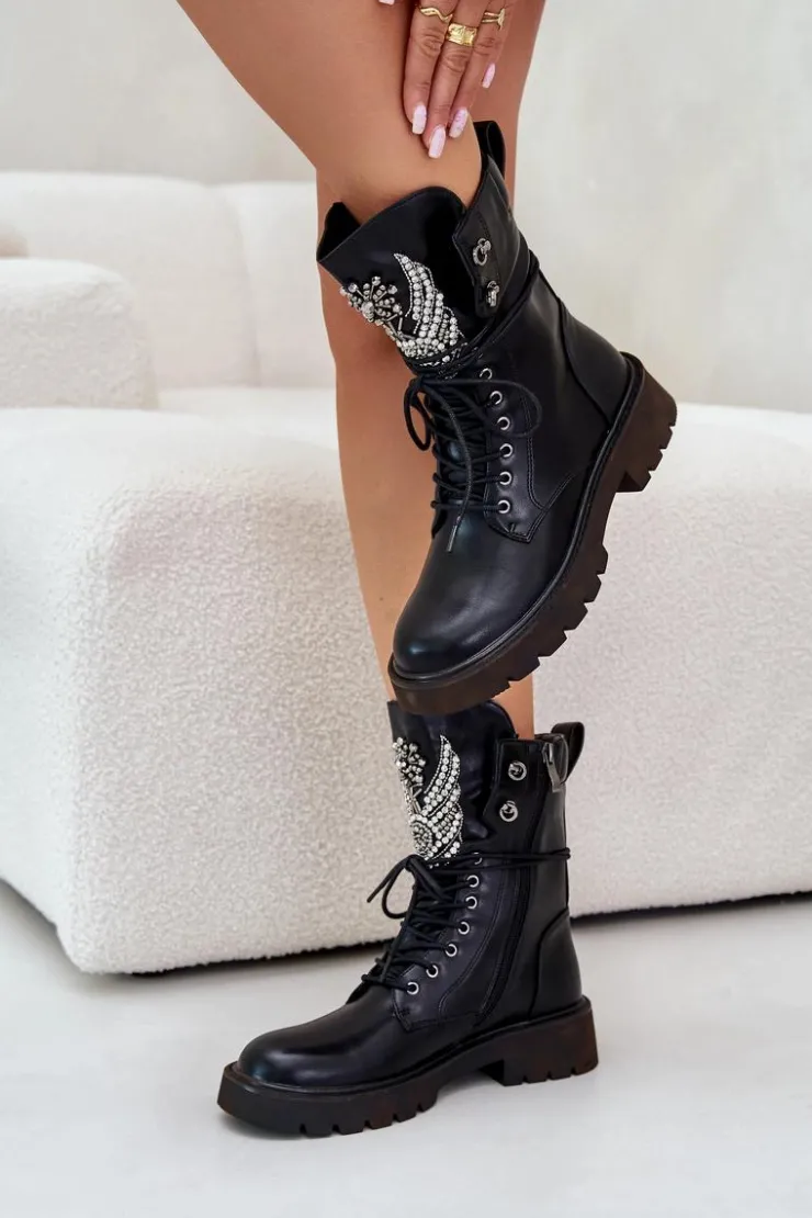 Damskie buty S.Barski Eko Skórzane Botki Workery Ze Zdobieniem Ocieplane D&A MR880-080 Czarne