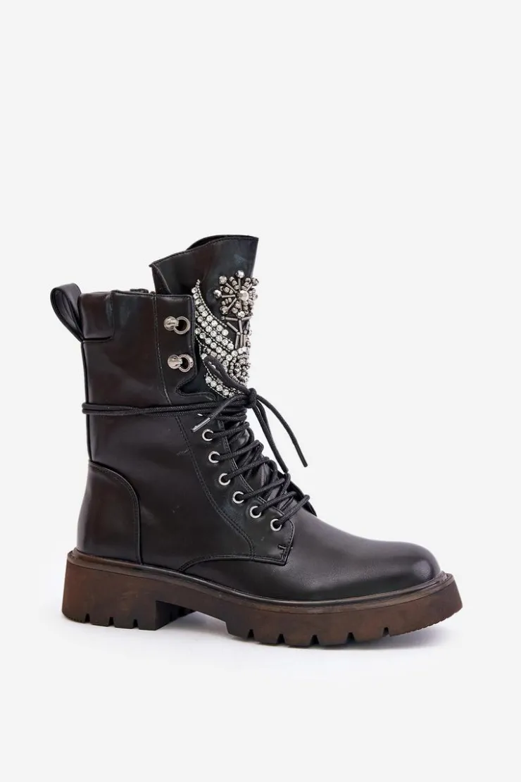 Damskie buty S.Barski Eko Skórzane Botki Workery Ze Zdobieniem Ocieplane D&A MR880-080 Czarne