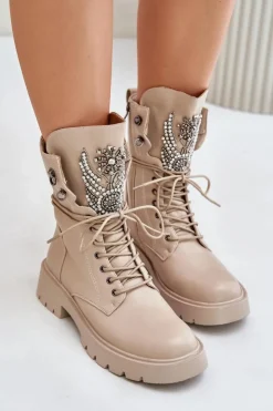 Damskie buty S.Barski Botki Ocieplane|Damskie Trapery*Eko Skórzane Botki Workery Ze Zdobieniem Ocieplane D&A MR880-080 Beżowe Beżowy