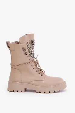 Damskie buty S.Barski Botki Ocieplane|Damskie Trapery*Eko Skórzane Botki Workery Ze Zdobieniem Ocieplane D&A MR880-080 Beżowe Beżowy