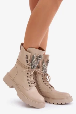 Damskie buty S.Barski Botki Ocieplane|Damskie Trapery*Eko Skórzane Botki Workery Ze Zdobieniem Ocieplane D&A MR880-080 Beżowe Beżowy