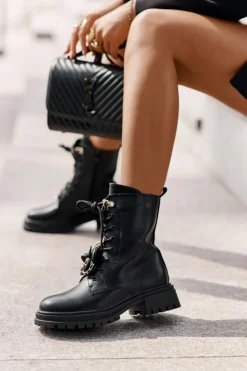 Boto Botki Sznurowane|Czarne Botki*Eko Skórzane Botki Workery Damskie Z Przypinkami Czarne Rianael