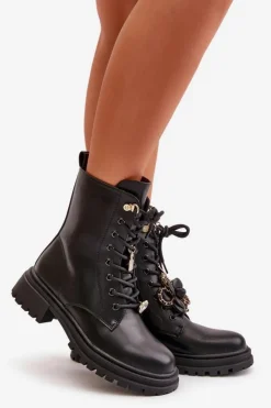 Boto Botki Sznurowane|Czarne Botki*Eko Skórzane Botki Workery Damskie Z Przypinkami Czarne Rianael