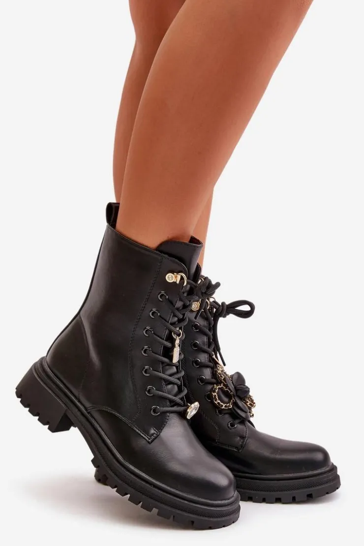 Boto Botki Sznurowane|Czarne Botki*Eko Skórzane Botki Workery Damskie Z Przypinkami Czarne Rianael