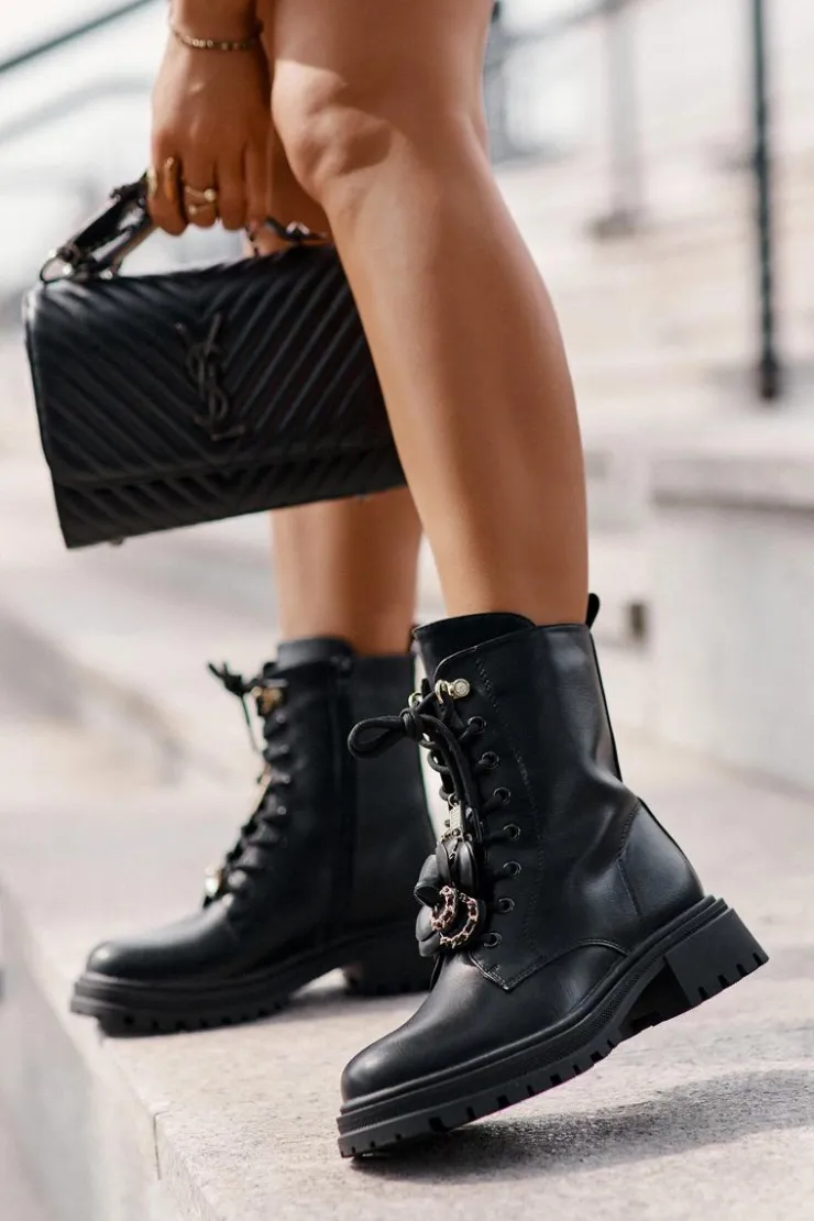 Boto Botki Sznurowane|Czarne Botki*Eko Skórzane Botki Workery Damskie Z Przypinkami Czarne Rianael