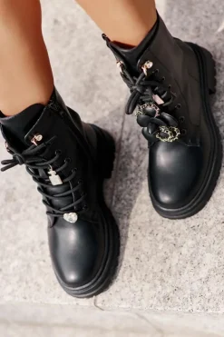 Boto Botki Sznurowane|Czarne Botki*Eko Skórzane Botki Workery Damskie Z Przypinkami Czarne Rianael