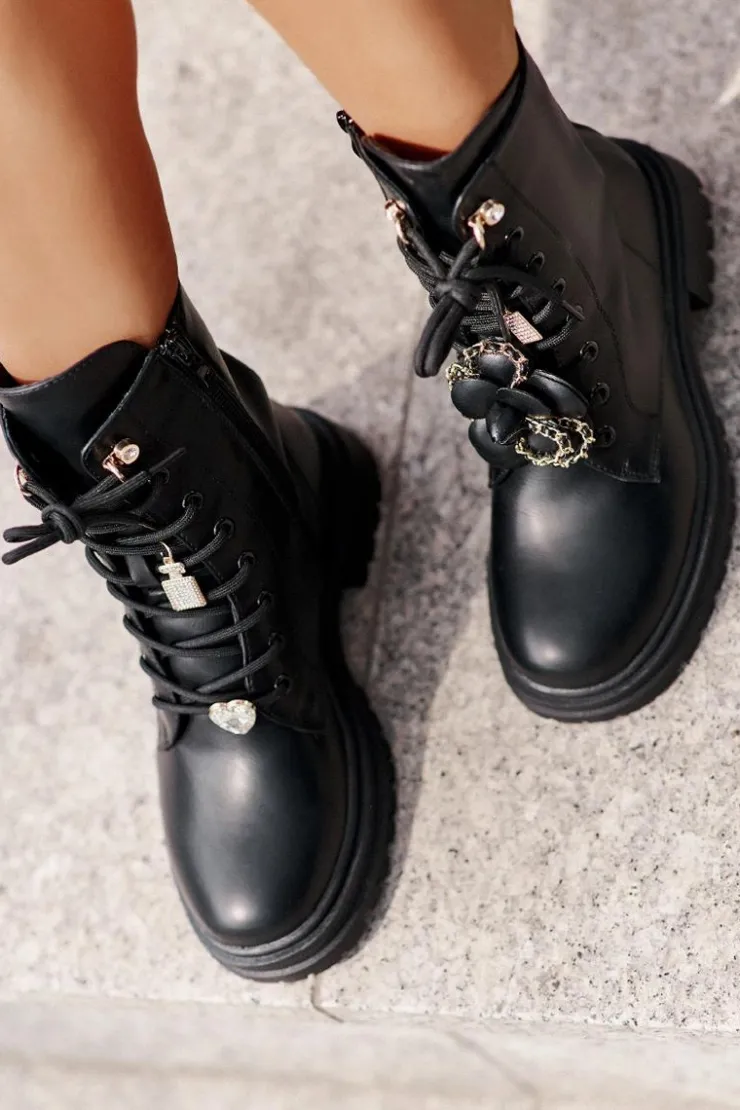 Boto Botki Sznurowane|Czarne Botki*Eko Skórzane Botki Workery Damskie Z Przypinkami Czarne Rianael