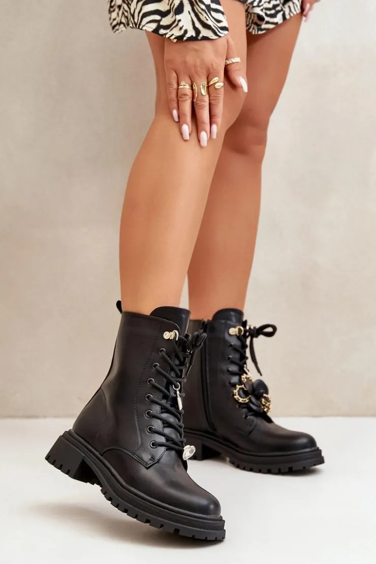 Boto Botki Sznurowane|Czarne Botki*Eko Skórzane Botki Workery Damskie Z Przypinkami Czarne Rianael