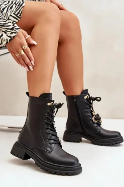 Boto Botki Sznurowane|Czarne Botki*Eko Skórzane Botki Workery Damskie Z Przypinkami Czarne Rianael