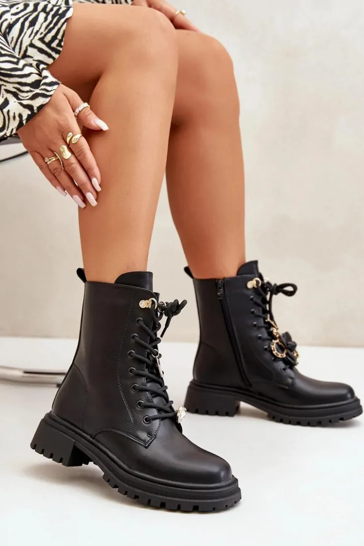 Boto Botki Sznurowane|Czarne Botki*Eko Skórzane Botki Workery Damskie Z Przypinkami Czarne Rianael