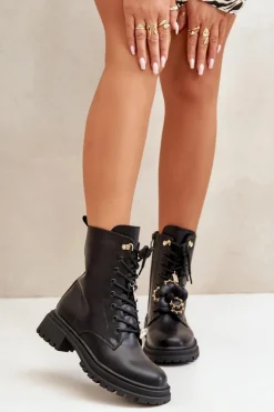 Boto Botki Sznurowane|Czarne Botki*Eko Skórzane Botki Workery Damskie Z Przypinkami Czarne Rianael
