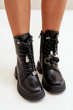 Boto Botki Sznurowane|Czarne Botki*Eko Skórzane Botki Workery Damskie Z Przypinkami Czarne Rianael