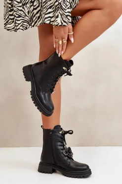 Boto Botki Sznurowane|Czarne Botki*Eko Skórzane Botki Workery Damskie Z Przypinkami Czarne Rianael