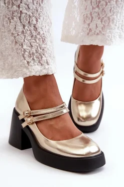 Damskie Boto Eko Skórzane Czółenka Na Masywnym Obcasie Złote Halmina