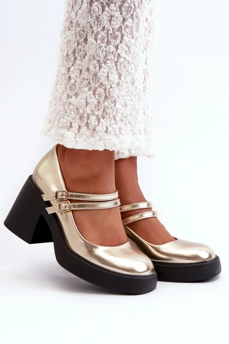 Damskie Boto Eko Skórzane Czółenka Na Masywnym Obcasie Złote Halmina