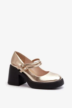 Damskie Boto Eko Skórzane Czółenka Na Masywnym Obcasie Złote Halmina