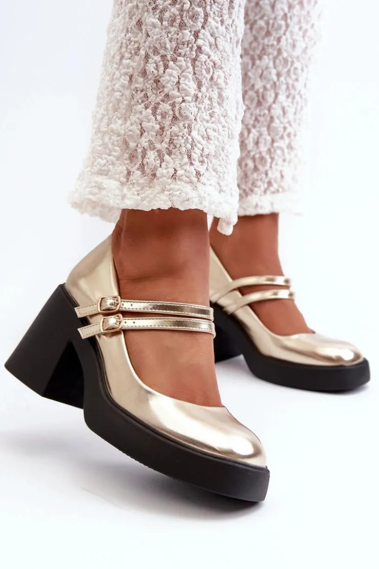 Damskie Boto Eko Skórzane Czółenka Na Masywnym Obcasie Złote Halmina