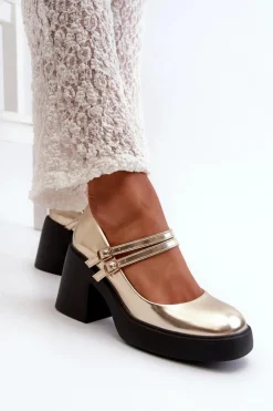 Damskie Boto Eko Skórzane Czółenka Na Masywnym Obcasie Złote Halmina