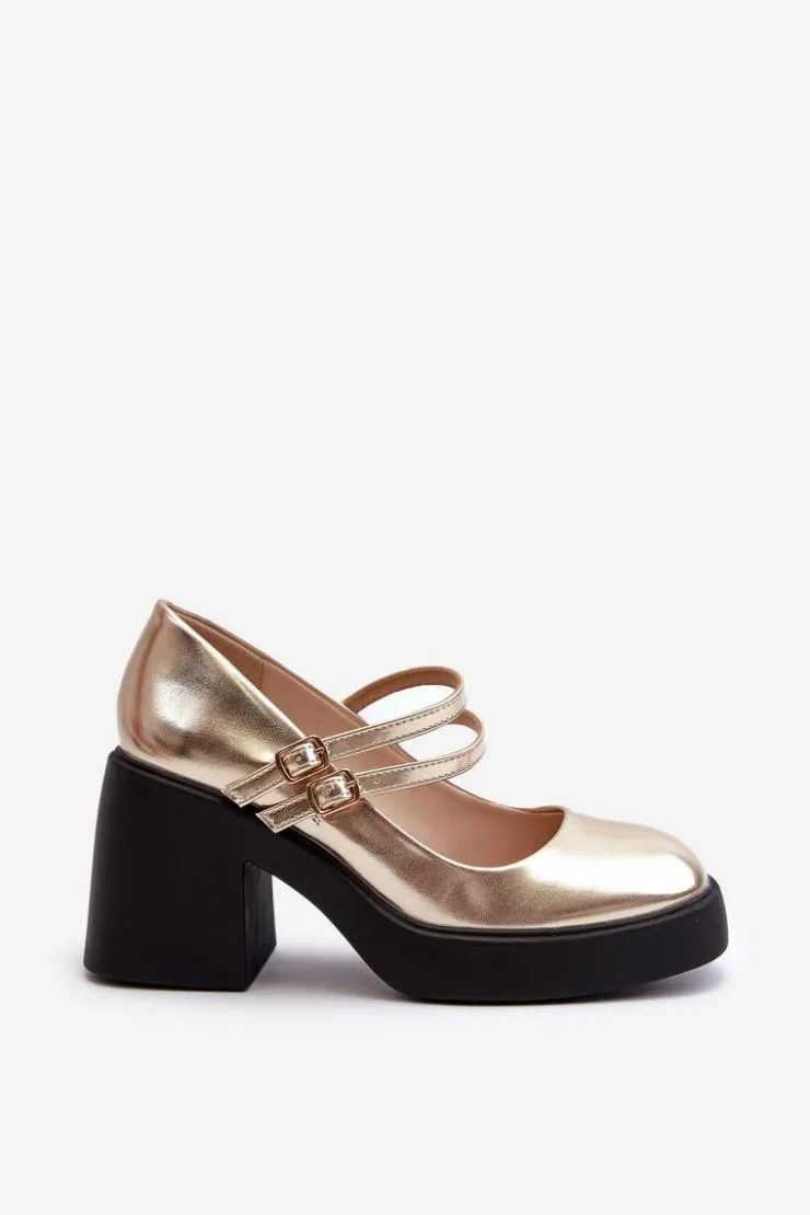 Damskie Boto Eko Skórzane Czółenka Na Masywnym Obcasie Złote Halmina